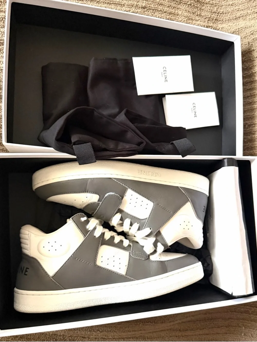 Celine White and Gray Leather Mid- Top Sneakers - Picture 7 of 7